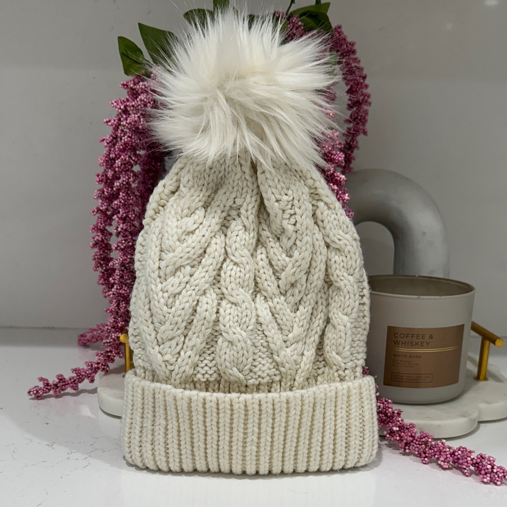 Cream Knit Pom-Pom Hat